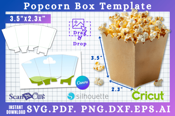 Popcorn Box 3.5x2.3 SVG Canva Template Graphics